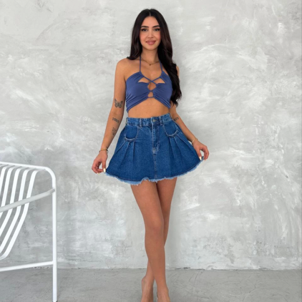 Şık Pileli Yazlık Mini Etekli Kot- Saks Mavisi