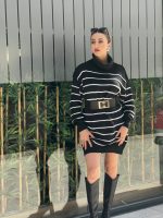 Kadın Uzun Kollu Degaje Yaka çizgili Sonya Iplik Mini Boy Triko Elbise (kemersiz) - Görsel 2