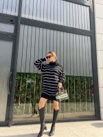 Kadın Uzun Kollu Degaje Yaka çizgili Sonya Iplik Mini Boy Triko Elbise (kemersiz) - Görsel 3