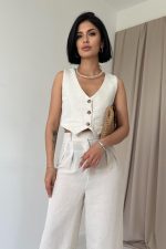 Bej Önü Düğmeli Yelek Ve Pantolon Takım - Görsel 2