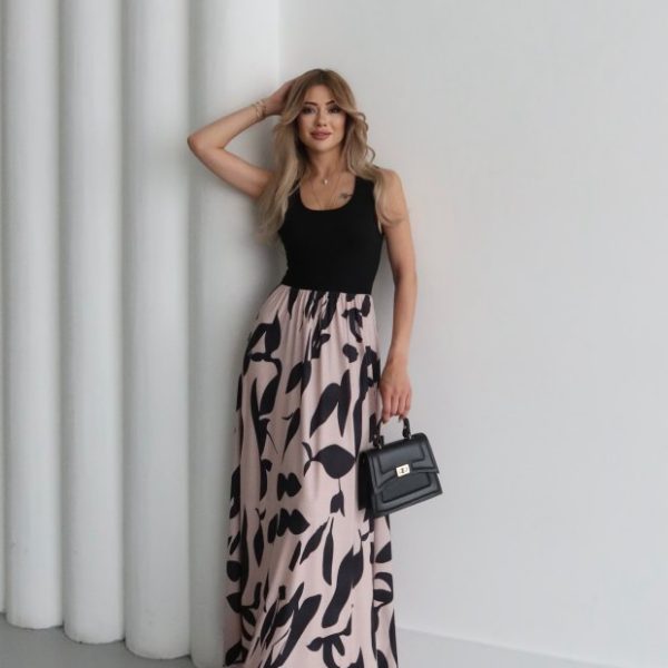 Kadın Askılı Yuvarlak Yaka üst Viskon Alt Desenli Uzun Süprem Elbise