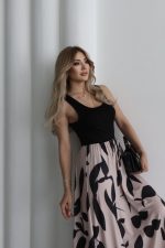 Kadın Askılı Yuvarlak Yaka üst Viskon Alt Desenli Uzun Süprem Elbise - Görsel 6