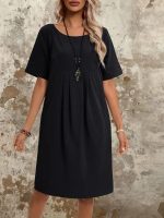 Kadın Kısa Kollu Yakası Açık önden Büzgülü Cep Detaylı Viskon Iki Iplik Elbise