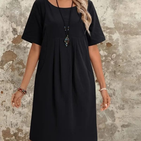 Kadın Kısa Kollu Yakası Açık önden Büzgülü Cep Detaylı Viskon Iki Iplik Elbise