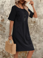 Kadın Kısa Kollu Yakası Açık önden Büzgülü Cep Detaylı Viskon Iki Iplik Elbise - Görsel 4