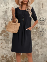 Kadın Kısa Kollu Yakası Açık önden Büzgülü Cep Detaylı Viskon Iki Iplik Elbise - Görsel 5