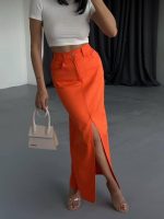 GABARDİN UZUN ÖNDEN YIRTMAÇLI ETEK - Görsel 3
