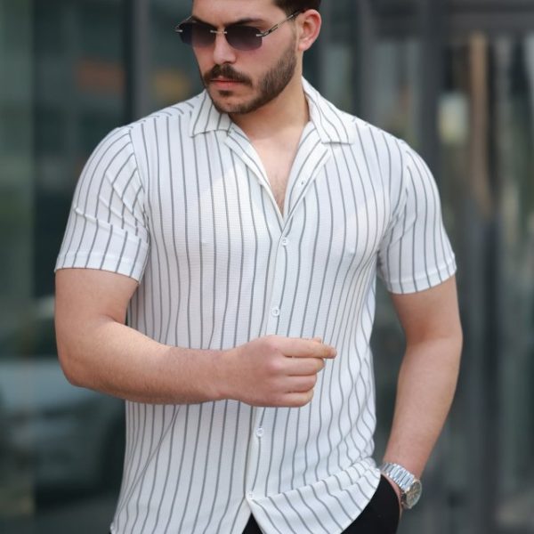 Erkek Kısa Kollu Gri çizgi Desenli örme Kumaş Pamuklu Gömlek