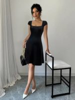 Kadın Kısa Kollu Geometrik Yakalı Janjan Krep Elbise - Görsel 3