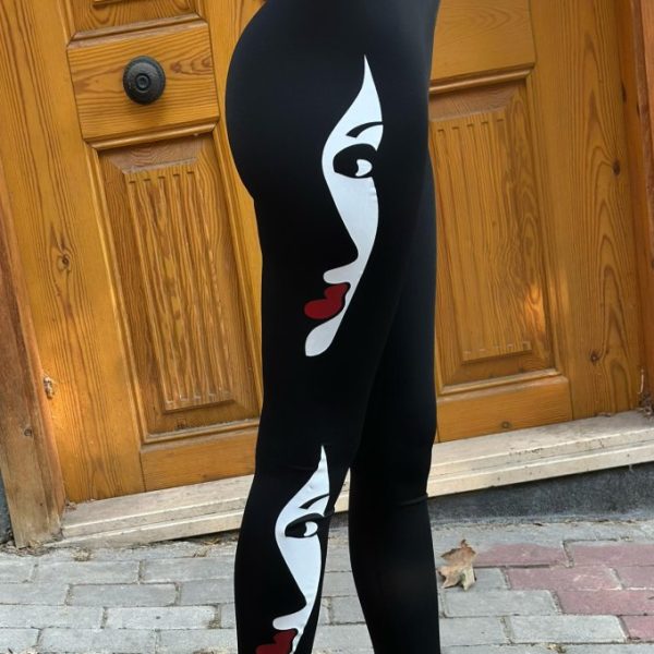 Kadın Yüz Baskılı Dalgıç Kumaş Tayt