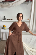 V YAKA BEL BONCUK BAĞLAMALI MÜSLİN ELBİSE YIRTMAÇ DETAYLI - Görsel 3