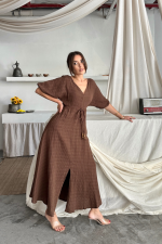 V YAKA BEL BONCUK BAĞLAMALI MÜSLİN ELBİSE YIRTMAÇ DETAYLI - Görsel 4