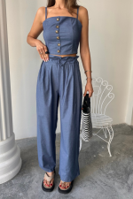 TENCEL CROP ASKILI BLUZ - ŞALVAR PANTOLON TK - Görsel 3