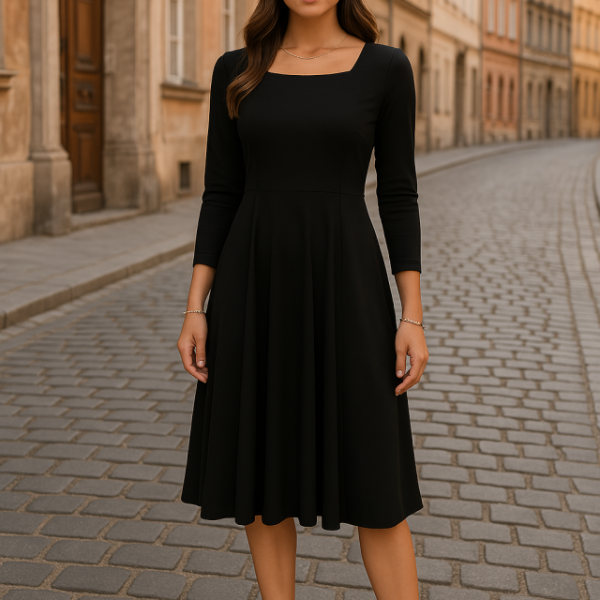 Kadın Kare Yaka Truvakar  Kol Fırsat ürün Midi Boy Elbise