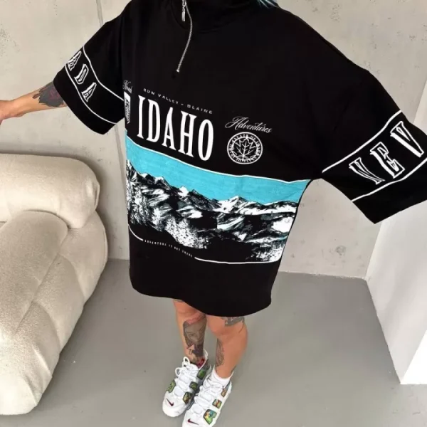 Unisex Baskılı Yarım Fermuarlı T-Shirt