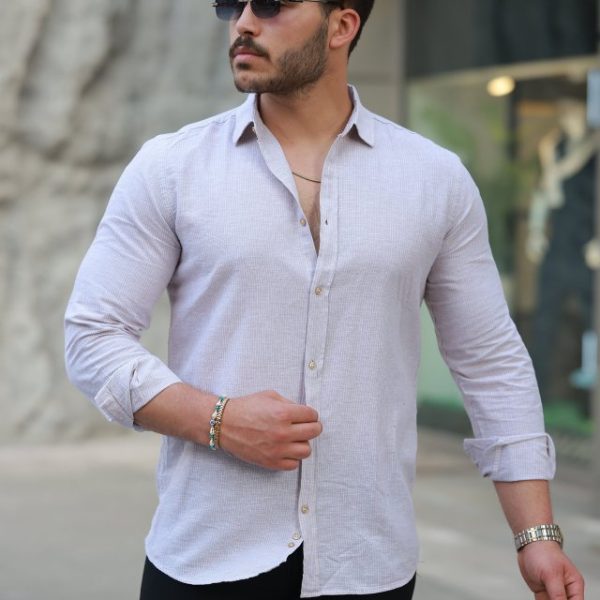 Erkek çizgi Desenli Uzun Kollu Pamuklu Keten Gömlek