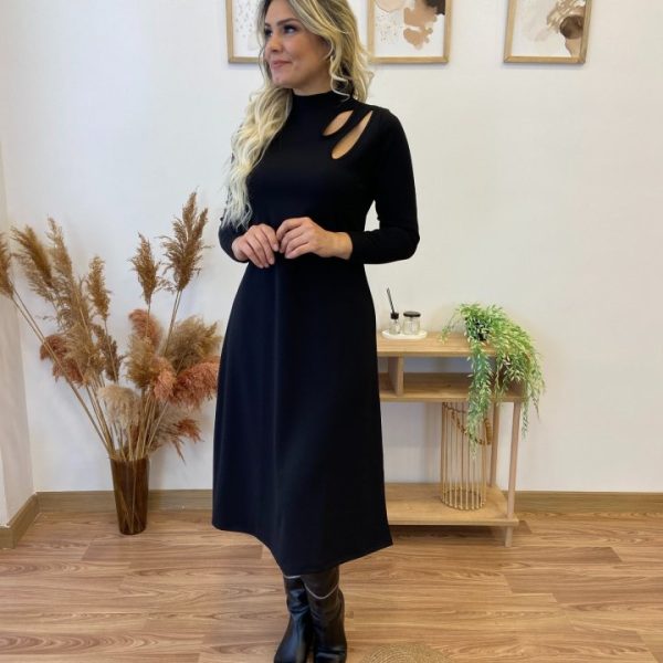 Kadın Uzun Kollu Balıkçı Yaka Omuzda Damla Detaylı Yırtmaçlı Krep Midi Elbise