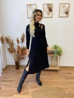 Kadın Uzun Kollu Balıkçı Yaka Omuzda Damla Detaylı Yırtmaçlı Krep Midi Elbise - Görsel 2