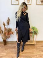 Kadın Uzun Kollu Balıkçı Yaka Omuzda Damla Detaylı Yırtmaçlı Krep Midi Elbise - Görsel 11