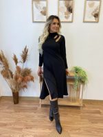 Kadın Uzun Kollu Balıkçı Yaka Omuzda Damla Detaylı Yırtmaçlı Krep Midi Elbise - Görsel 4