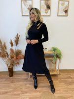 Kadın Uzun Kollu Balıkçı Yaka Omuzda Damla Detaylı Yırtmaçlı Krep Midi Elbise - Görsel 5