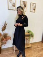 Kadın Uzun Kollu Balıkçı Yaka Omuzda Damla Detaylı Yırtmaçlı Krep Midi Elbise - Görsel 10