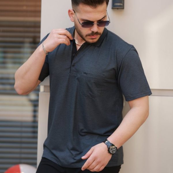 Erkek Yakalı Mini Jakarlı Kısa Kollu T-shirt