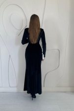 Siyah Önü Yırtmaçlı Güllü Elbise - Görsel 4