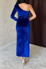 Saks Tek Omuzlu Taş Askılı Elbise - Görsel 4