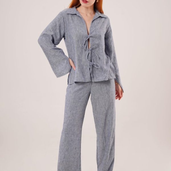 Ön Bağlama Detaylı Pantolon Ve Gömlek İndigo İkili Takım