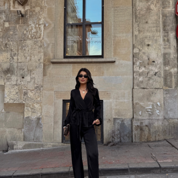 SATEN KRUVAZE BAĞLAMALI BLUZ- PANTOLON TAKIM