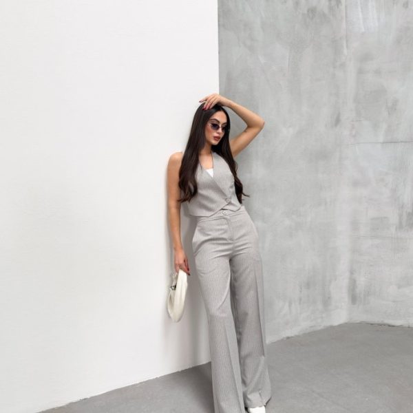 Toskana Çi̇zgi̇li̇ Kruvaze Yaka Tek Düğmeli̇ Yelek Pantolon Takim