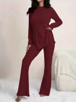 Kadın Uzun Kollu Yuvarlak Yaka Yandan Yırtmaç Detaylı şardonlu Kaşkorse Bluz Ve Pantolon Ikili Takım - Görsel 2