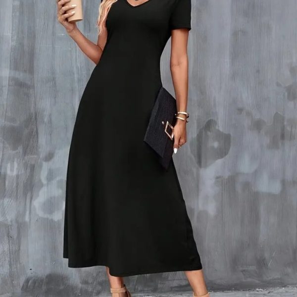 Kadın Kısa Kollu V Yakalı Cepli Viskon Elbise