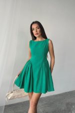 Yeşil Mini Boy Büzgülü Keten Elbise - Görsel 4