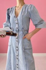 Kar Yıkama Balon Kol Kot Elbise - Görsel 2