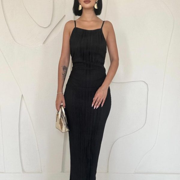 Siyah Piliseli Halter Boyun Elbise