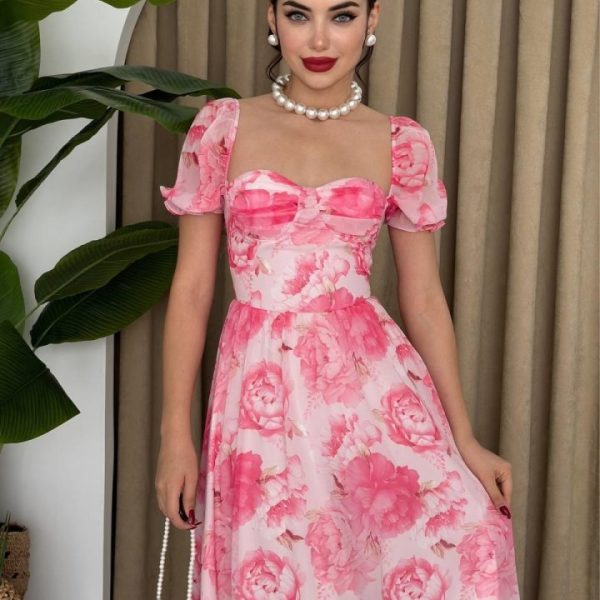 ŞİFON KUMAŞ DİJİTAL DESEN BASKILI ELBİSE