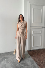 TENCEL MODAL KOLSUZ BLUZ KAPALI CEP DETAYLI DÖKÜMLÜ - PANTOLON TAKIM