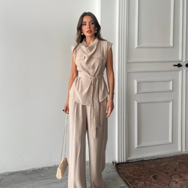 TENCEL MODAL KOLSUZ BLUZ KAPALI CEP DETAYLI DÖKÜMLÜ - PANTOLON TAKIM