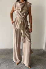 TENCEL MODAL KOLSUZ BLUZ KAPALI CEP DETAYLI DÖKÜMLÜ - PANTOLON TAKIM - Görsel 3