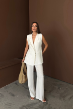 YAKA MİDYE KABUĞU SIRALI YELEK - PANTOLONTAKIM KETEN KUMAŞ