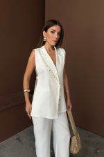 YAKA MİDYE KABUĞU SIRALI YELEK - PANTOLONTAKIM KETEN KUMAŞ - Görsel 2