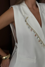 YAKA MİDYE KABUĞU SIRALI YELEK - PANTOLONTAKIM KETEN KUMAŞ - Görsel 3