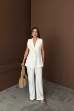 YAKA MİDYE KABUĞU SIRALI YELEK - PANTOLONTAKIM KETEN KUMAŞ - Görsel 4