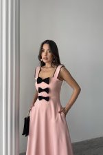 Pudra Fiyonk Garnili Dantelli Elbise - Görsel 4
