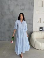 ÇİZGİLİ KETEN HAKİM YAKA DÜĞMELİ SALAŞ ELBİSE