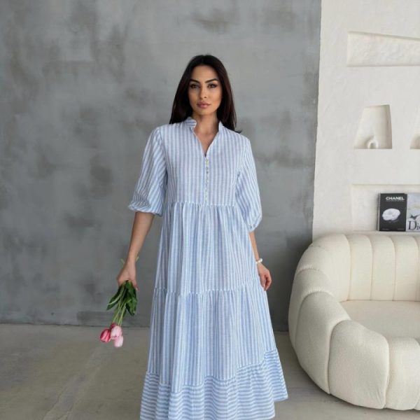 ÇİZGİLİ KETEN HAKİM YAKA DÜĞMELİ SALAŞ ELBİSE