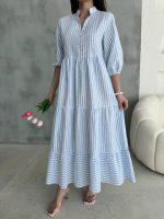 ÇİZGİLİ KETEN HAKİM YAKA DÜĞMELİ SALAŞ ELBİSE - Görsel 2