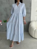 ÇİZGİLİ KETEN HAKİM YAKA DÜĞMELİ SALAŞ ELBİSE - Görsel 3